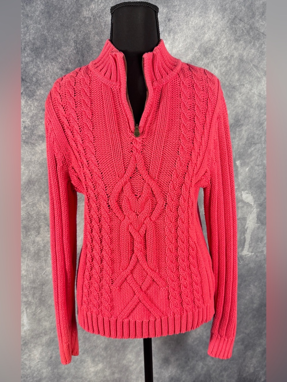 Leo & Nicole Coral Pink Cable Knit Quarter Zip Sweater Chunky Size M
